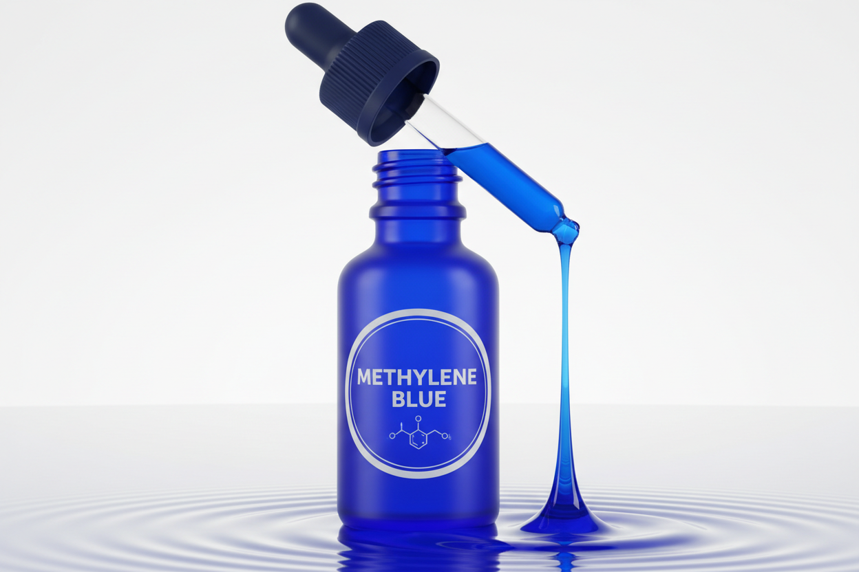 dark blue dropper bottle with dark blue liquid dripping from dropper with label methylene blue