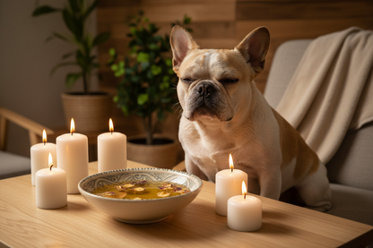 french bulldog after bath with bowl of oil and candles nearby