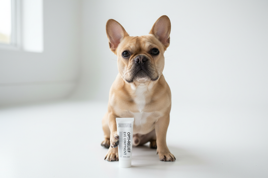 French bulldog holding a white tube of eye ointment
