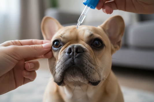 french bulldog with eye dropper liquid in eye