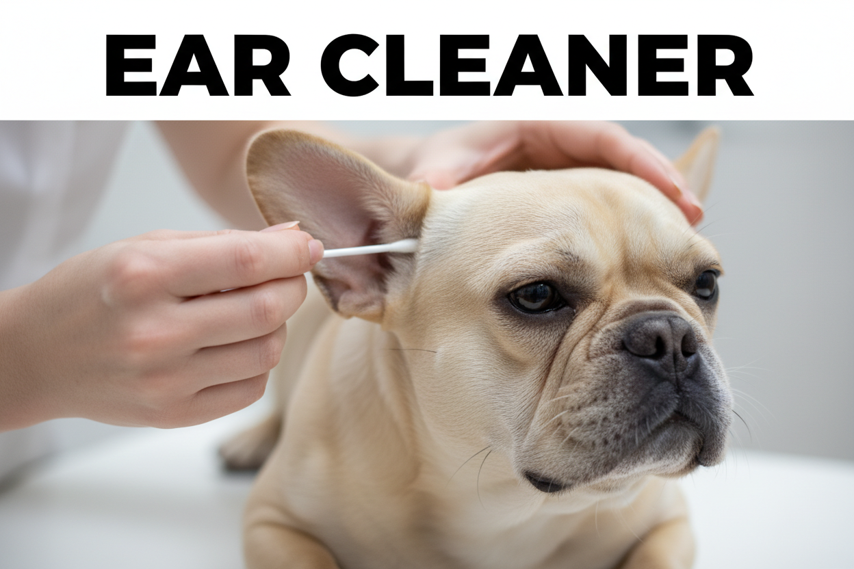 person cleaning french bulldog ear with qtip and text reading ear cleaner